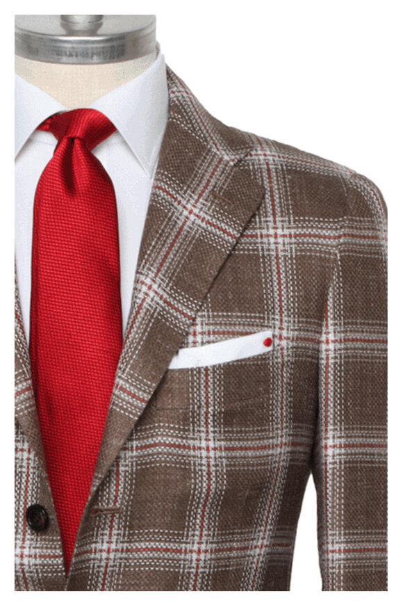 Kiton Brown, White & Red Windowpane Sportcoat