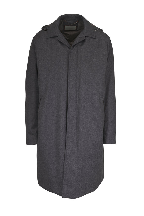Canali Dark Gray Wool Long Hooded Rain Coat - view 1