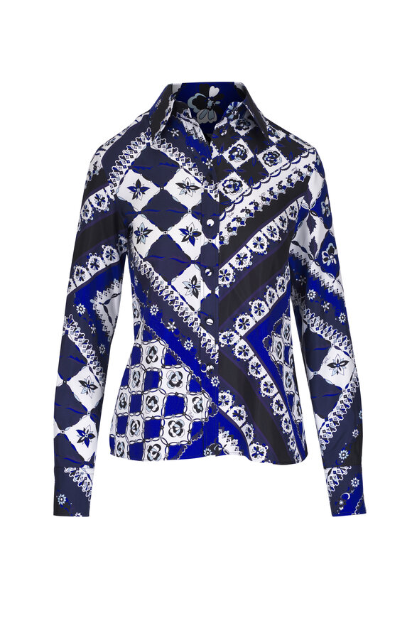 Pucci Blue Multi Festa Print Silk Twill Shirt