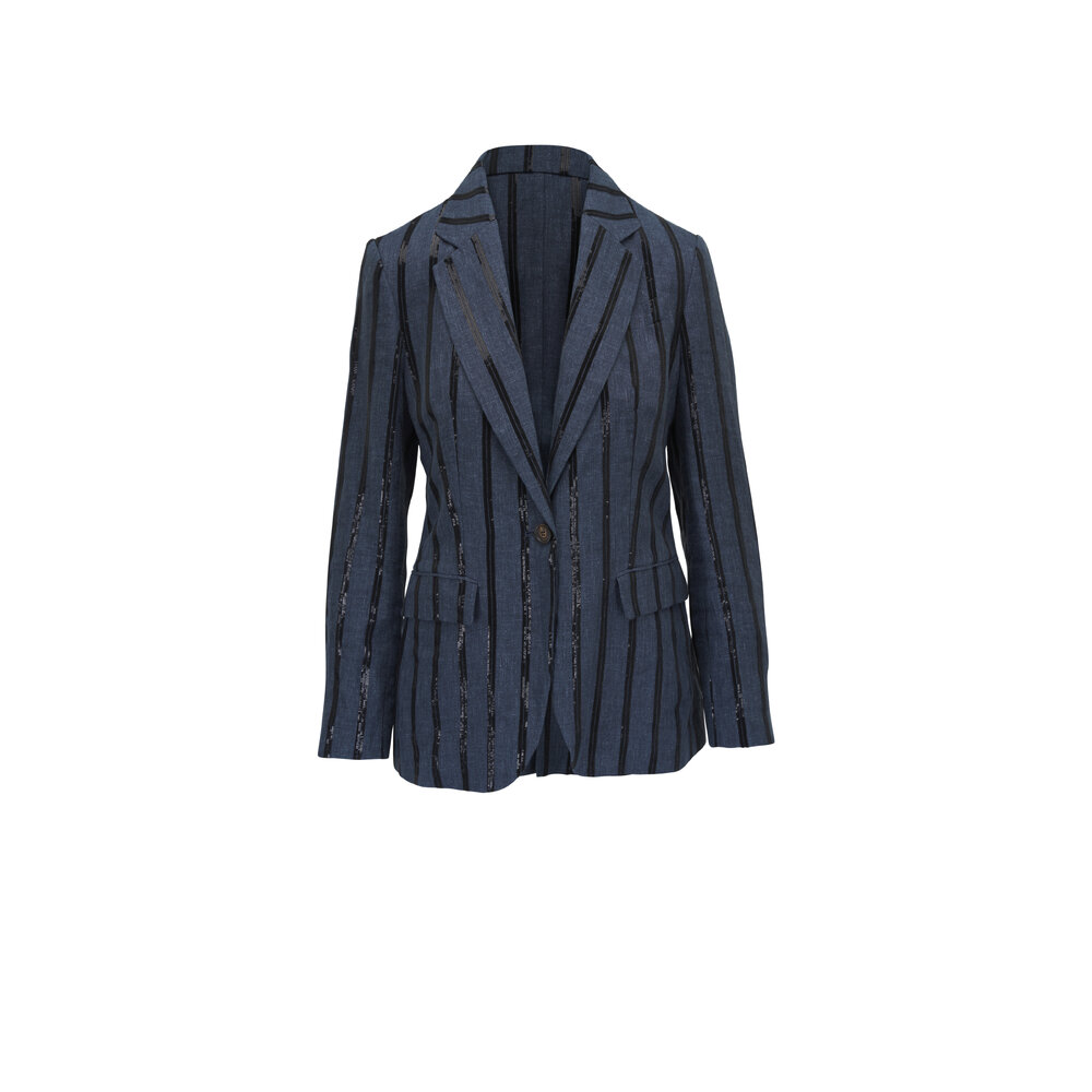 Brunello Cucinelli - Denim Effect Paillette Stripe Linen Blazer