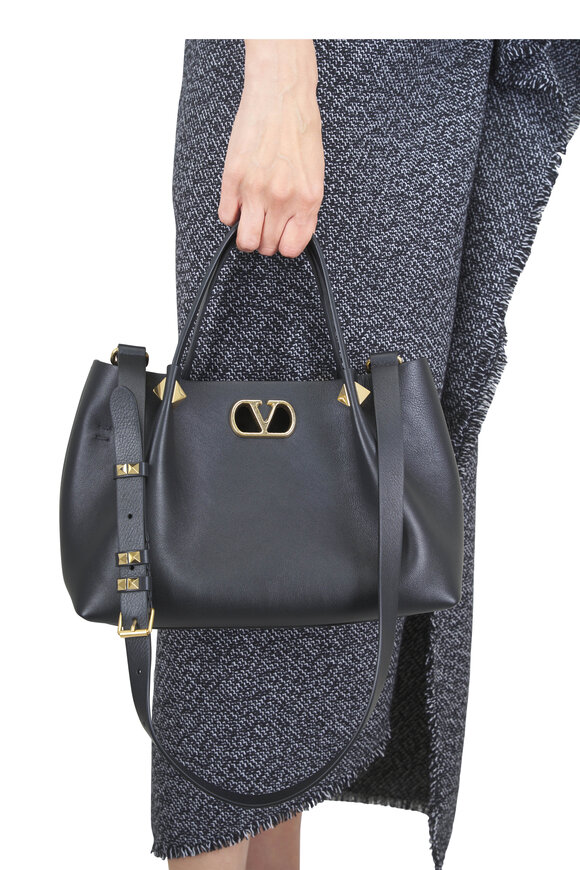 Valentino Garavani Small Ebony Nero Leather Shopping Bag - view 2