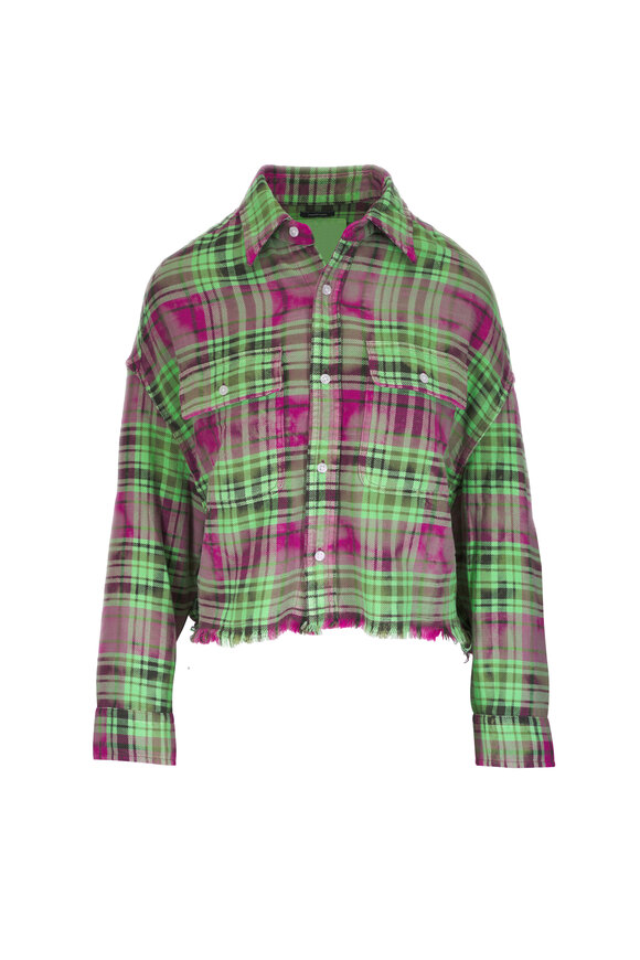 R13 Pink Overdyed Green Plaid Cropped Work Shirt
