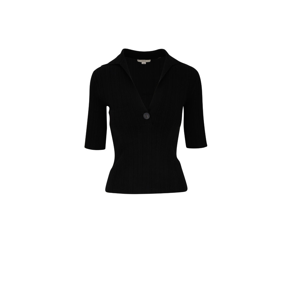 Vince - Black Ribbed Cotton Elbow Sleeve Polo Shirt