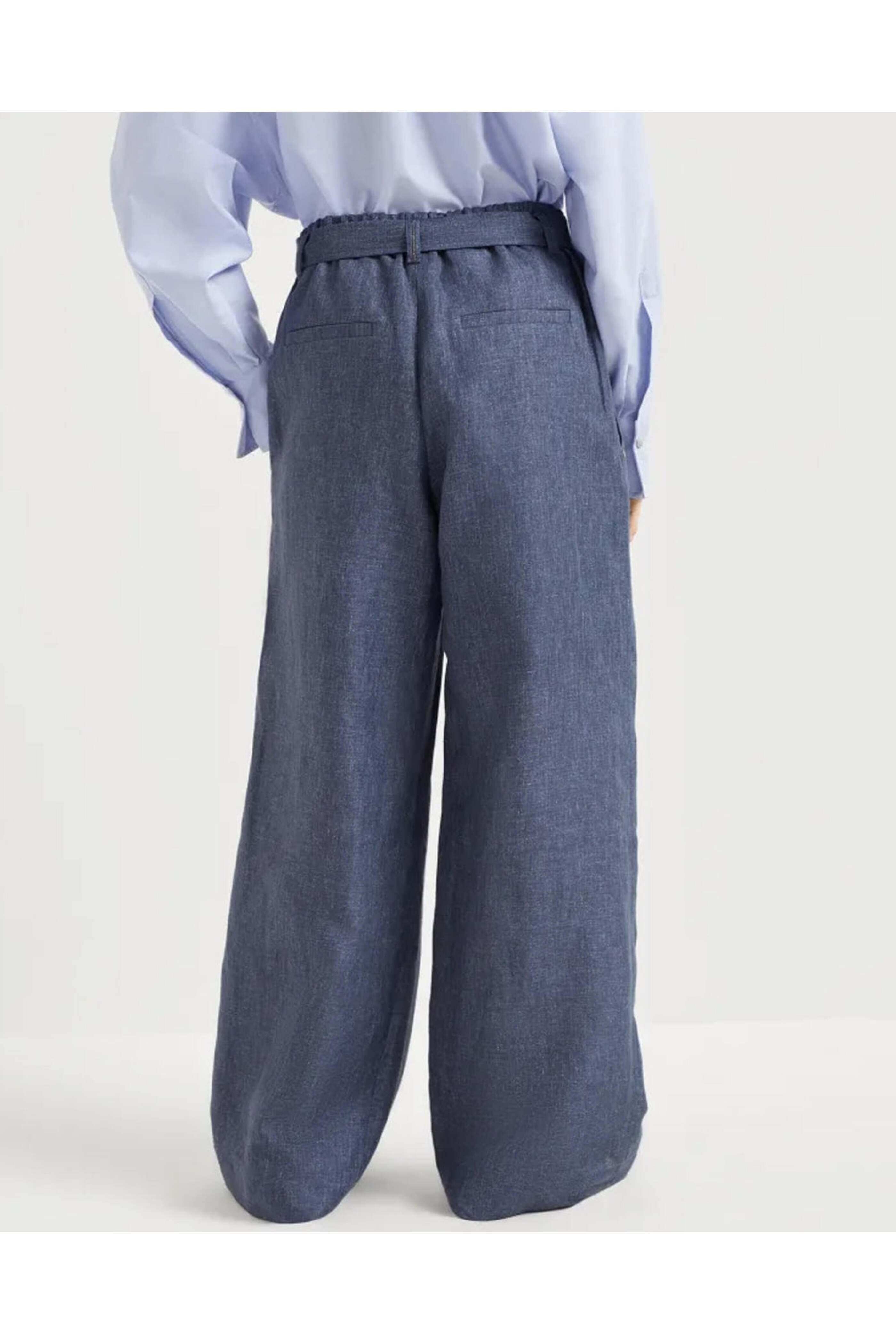 Brunello Cucinelli - Denim Blue Linen Belted Wide Leg Pant