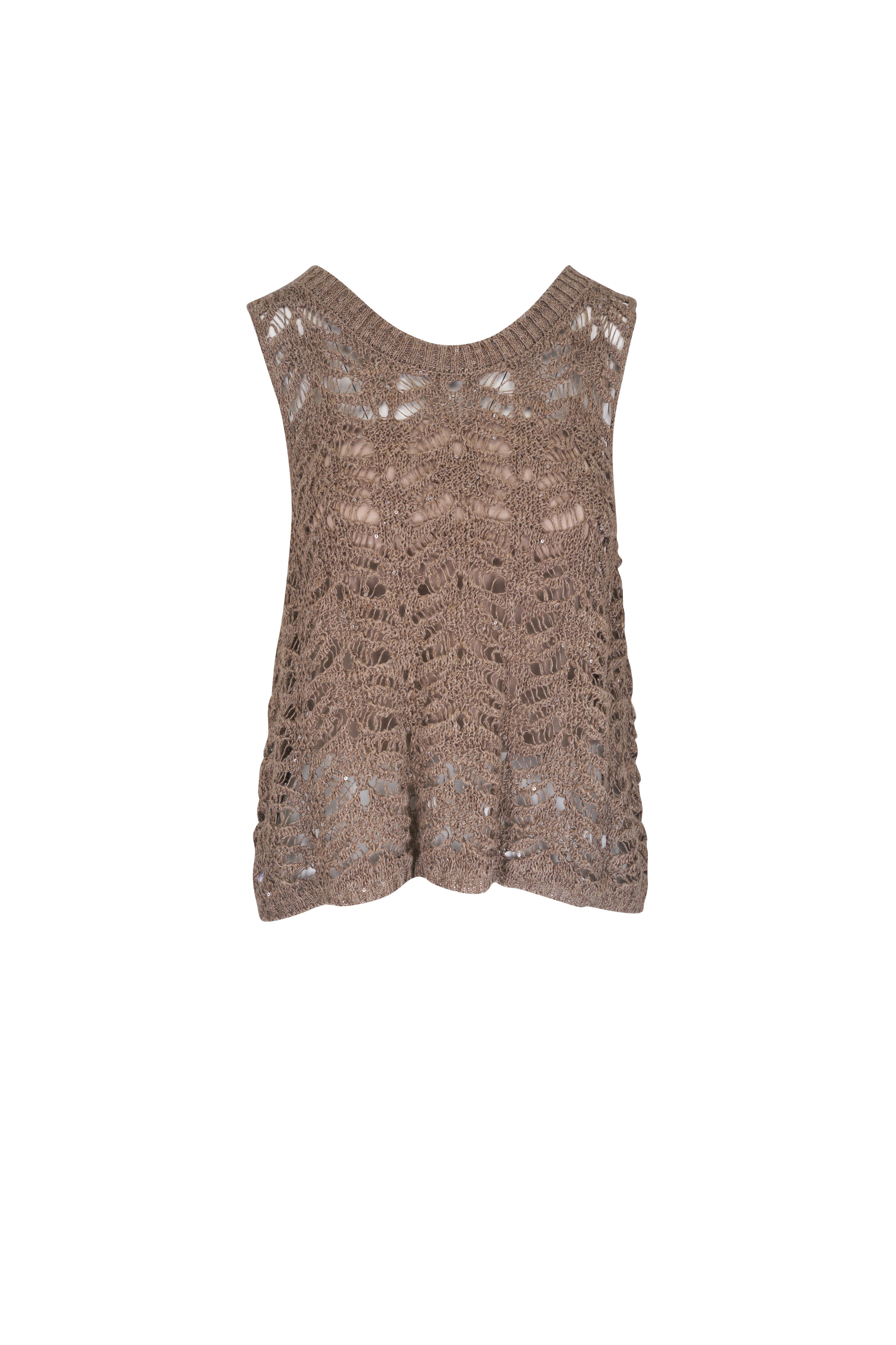 Brunello Cucinelli - Chestnut Foliage Paillette Lace Knit Top