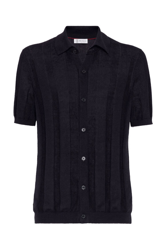 Brunello Cucinelli MBHED2675C101 関税送料込 Brunello Cucinelli - Navy Wide Ribbed Cotton Polo