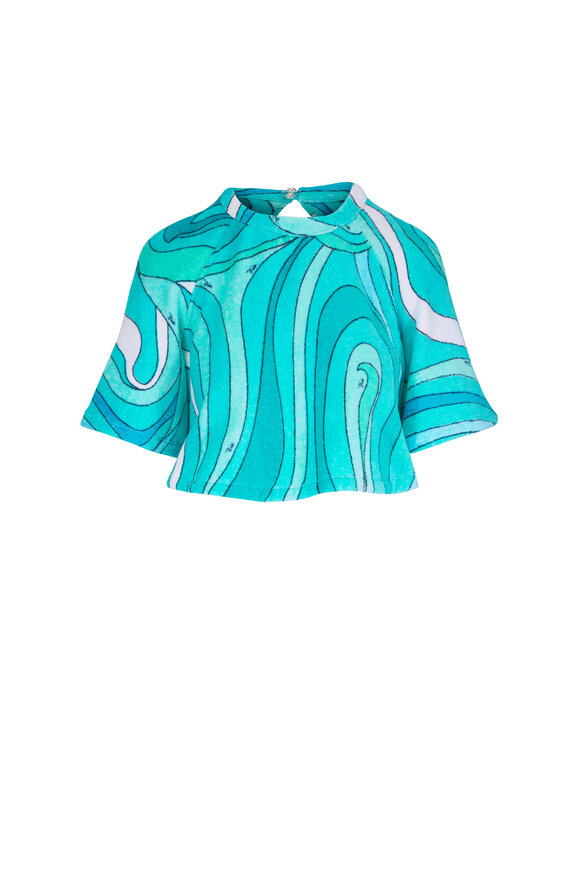 Pucci Iride Turquoise Multicolor Cotton Terry Crop Top