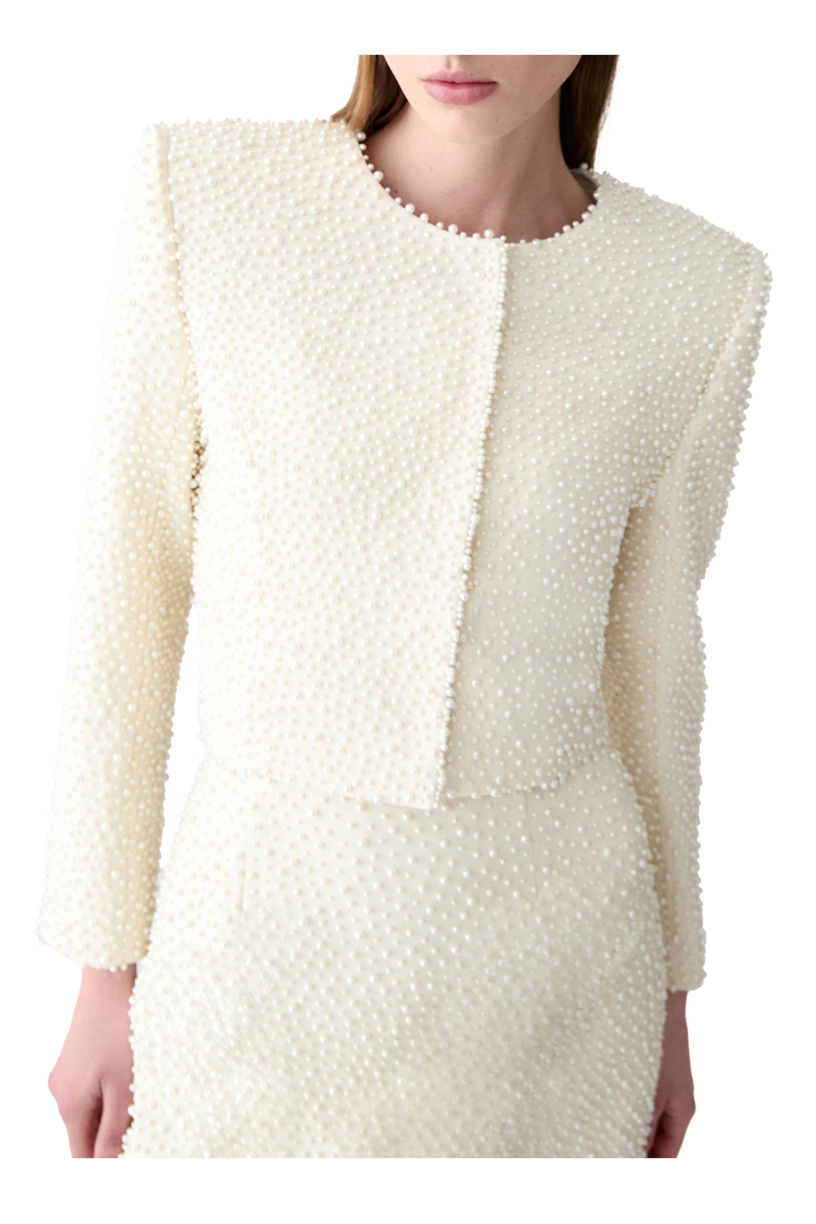 Carolina Herrera - Pearl Embellished Ivory Wool Cropped Jacket