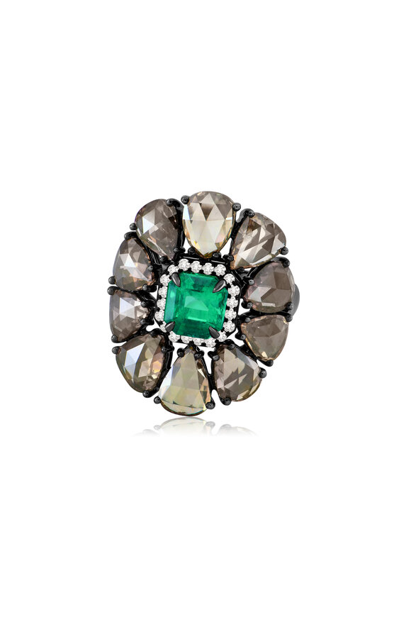 Sutra - 18K White Gold Emerald & Diamond Ring