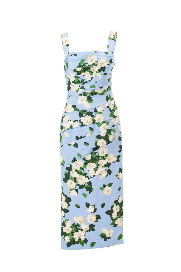 Carolina Herrera Cloud Blue & White Rose Print Draped Midi Dress - view 6