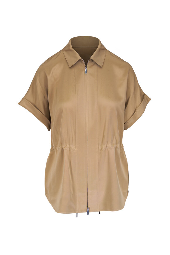 Lafayette 148 New York Khaki Stretch Silk Georgette Zip Front Blouse - view 1