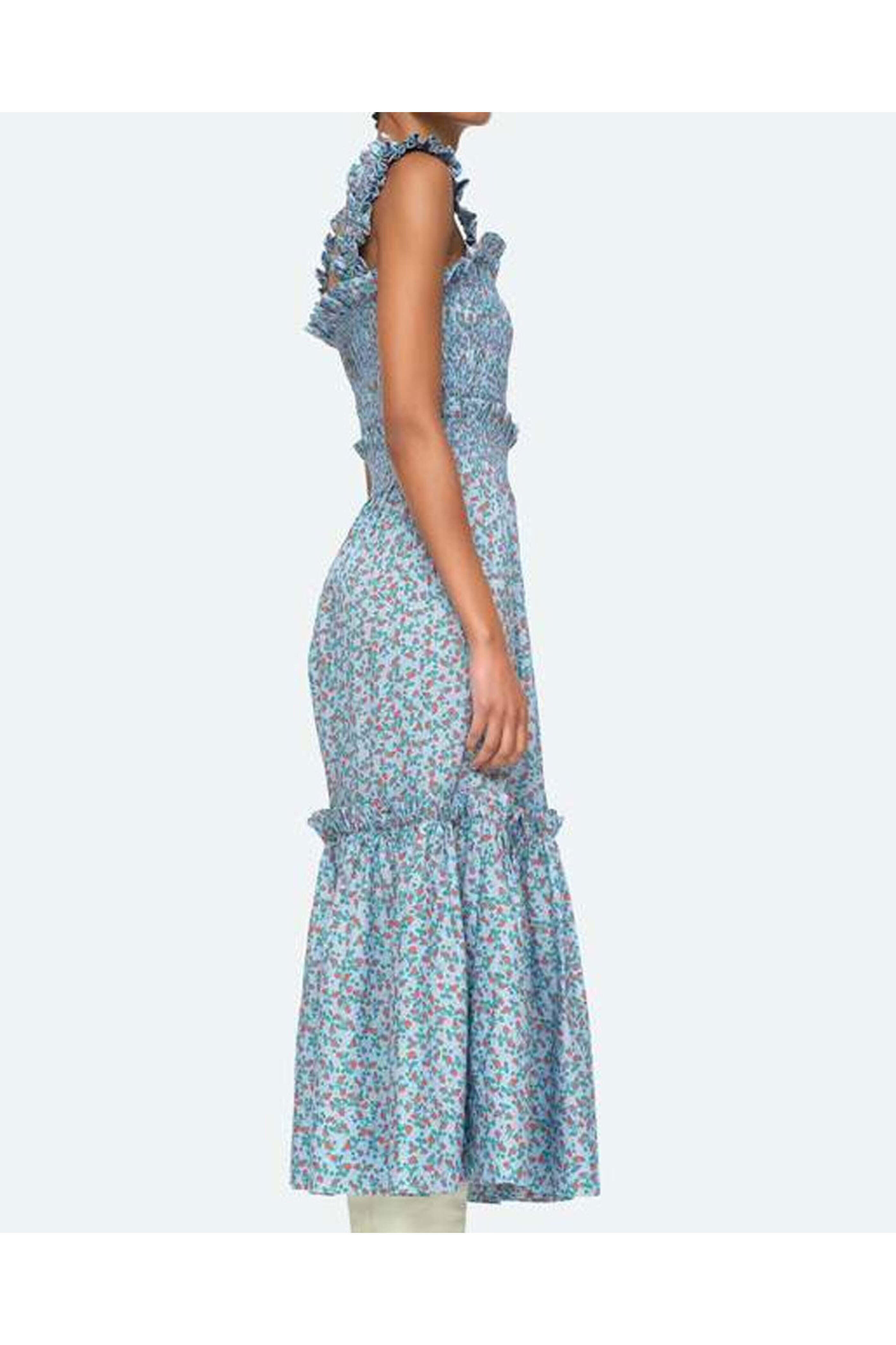 Sea NYC - Blue Lilly Print Puff Sleeve Smocked Slip Dress - view 3