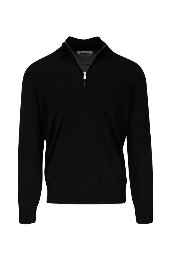 Brunello Cucinelli Black Cashmere & Wool Quarter Zip Pullover - view 1