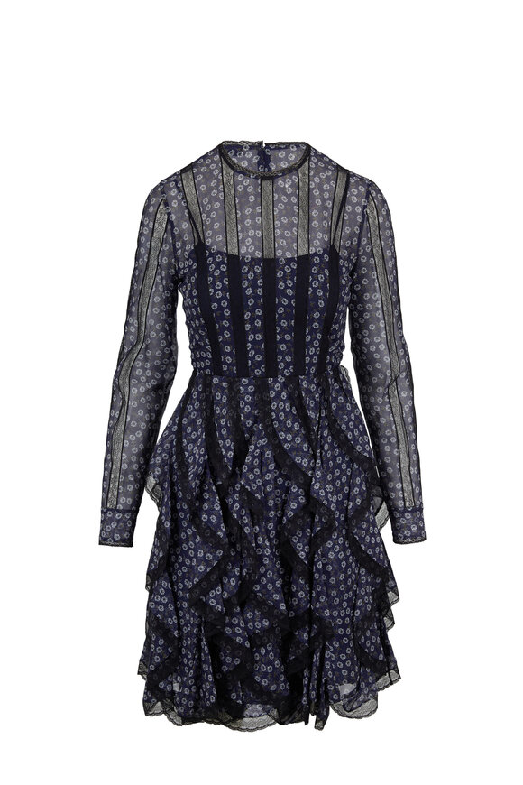 Fendi - Navy Silk Lace Inset Long Sleeve Dress