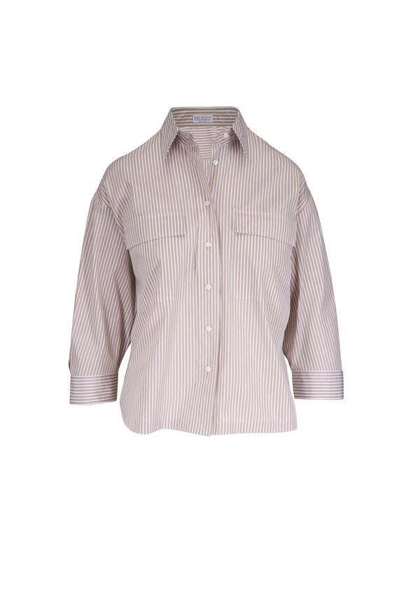 Brunello Cucinelli Beige & White Stripe Cotton Patch Pocket Blouse