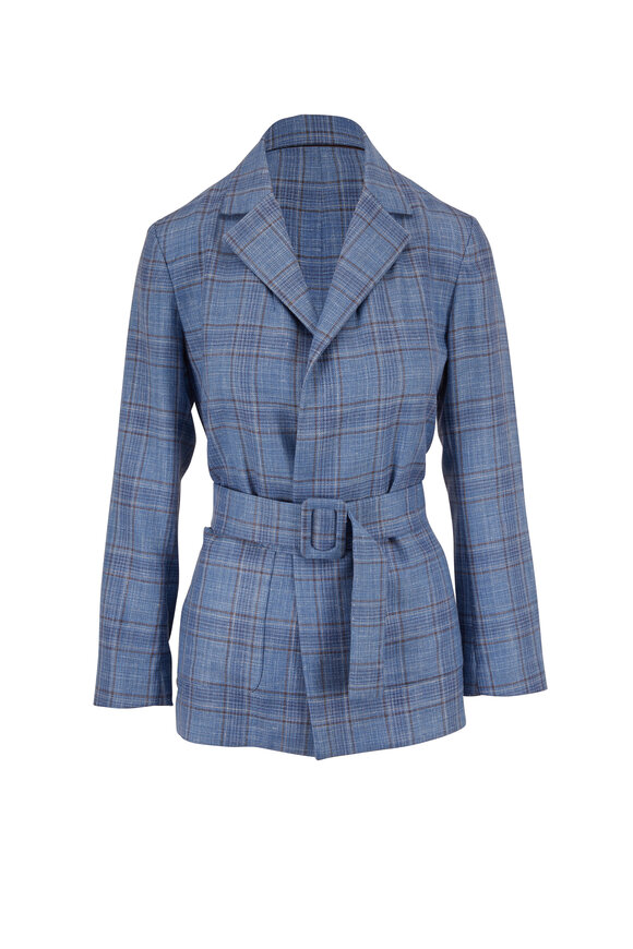 Rani Arabella - Blue Wool, Silk & Linen Plaid Belted Jacket