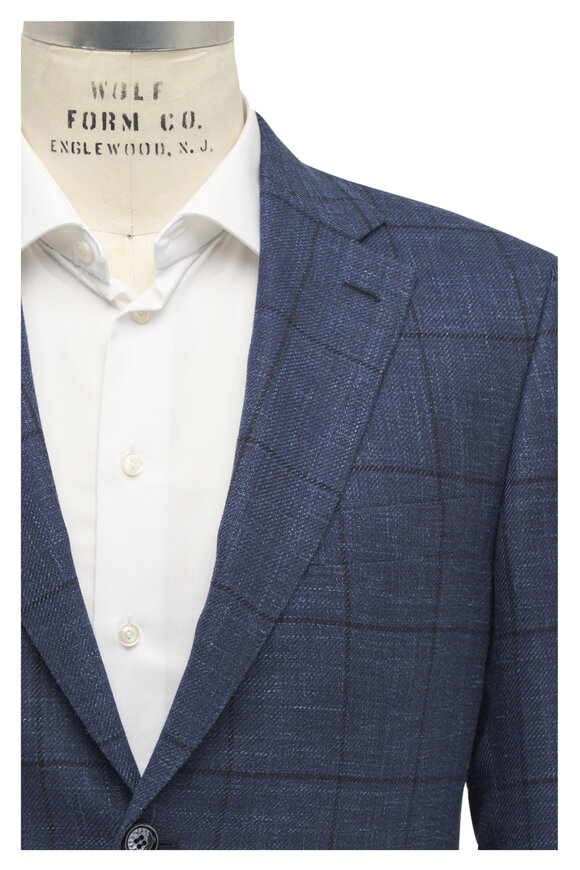 Brioni Navy Plaid Wool, Silk & Linen Sportcoat