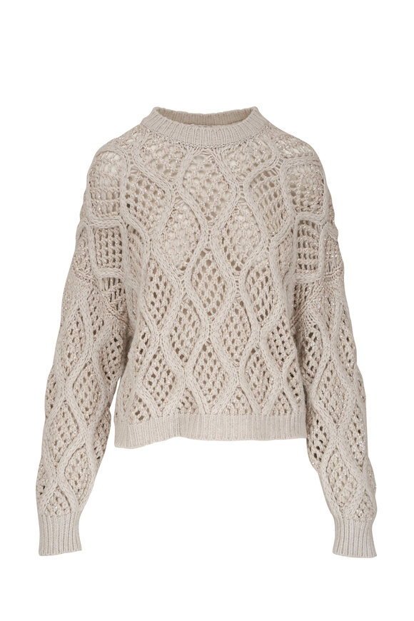 Brunello Cucinelli Pearl Gray Cashmere Paillette Cable Knit Sweater