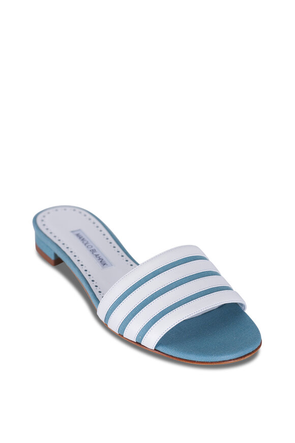 Manolo Blahnik Kenitra Blue & White Stripe Linen Flat Mule