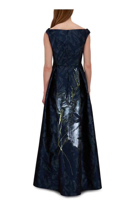 Talbot Runhof - Navy Metallic Floral Off-The-Shoulder Gown 