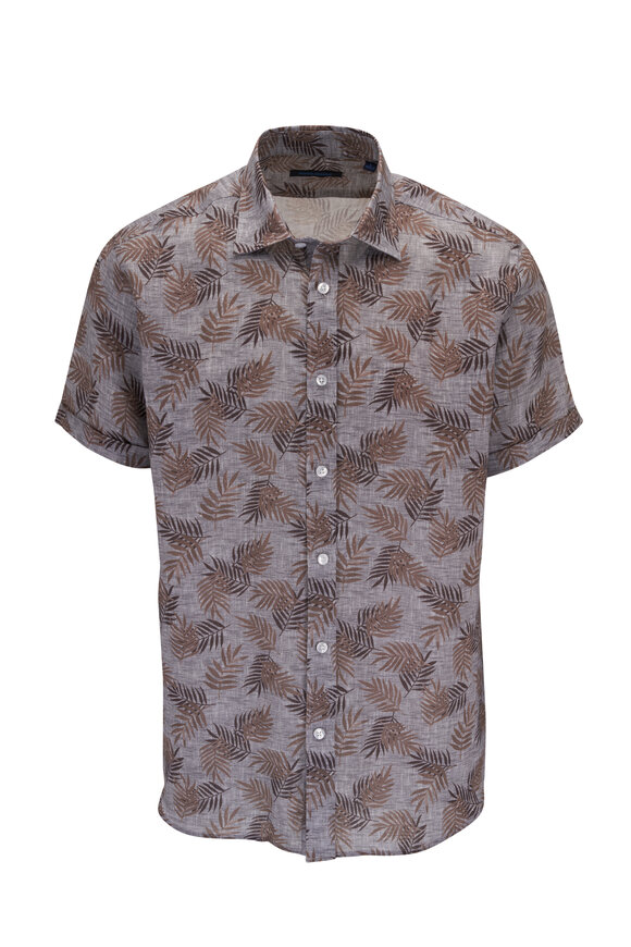 Patrick Assaraf - Brown Oak Print Linen Short Sleeve Sport Shirt