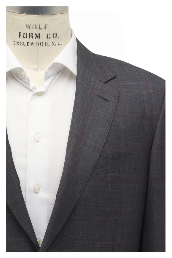 Canali Gray & Red Plaid Wool Suit