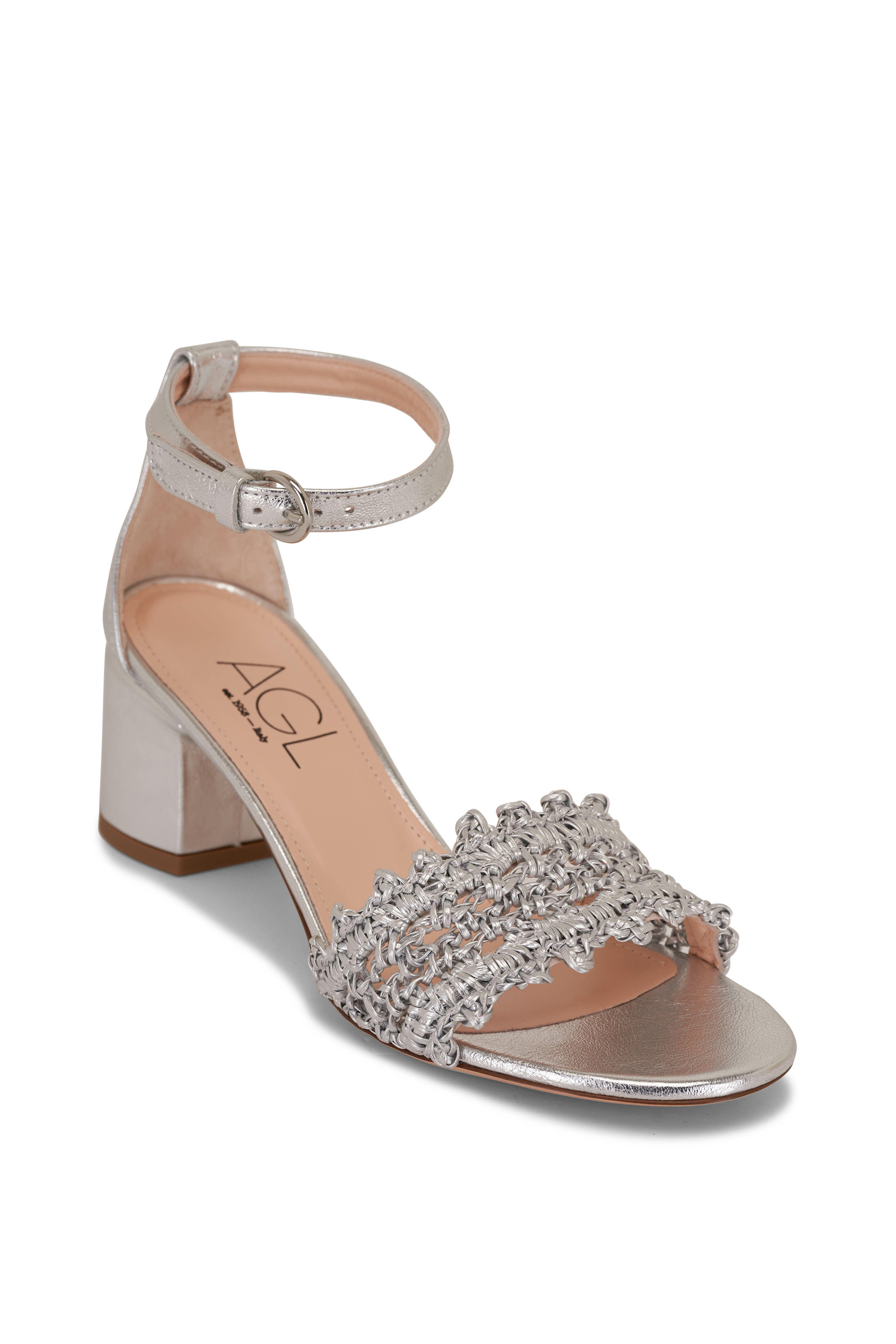 AGL Crochet Silver Leather Ankle Strap Sandal 50mm