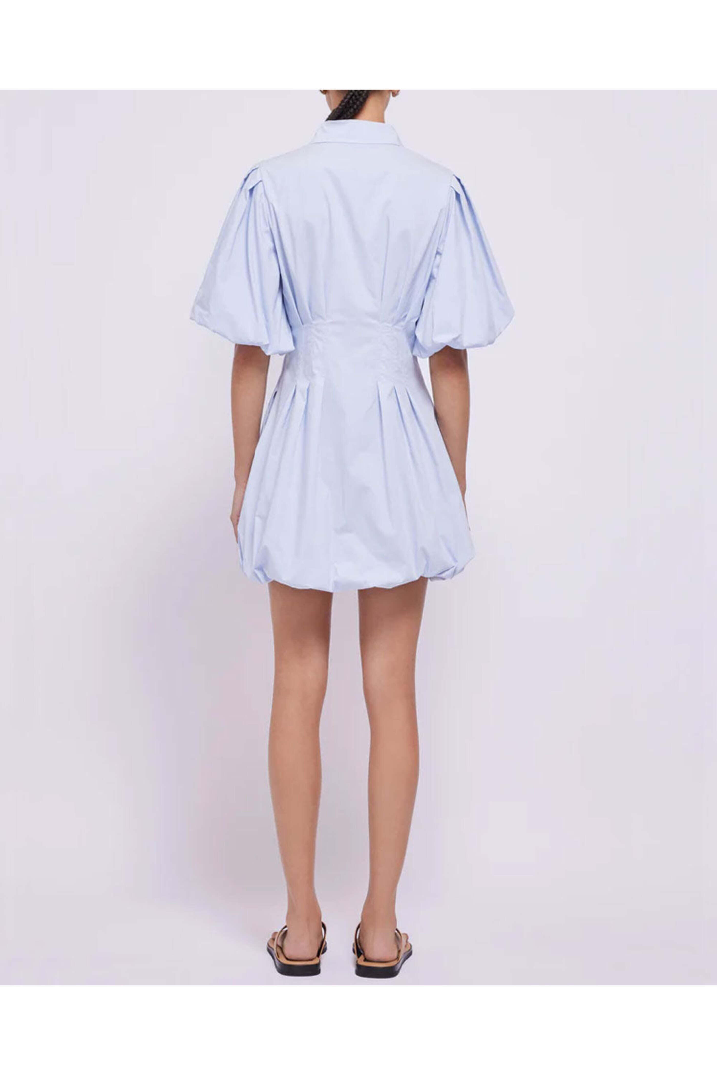 simkhai blue mini dress SIMKHAI Crissy Satin Stripe Drop-Waist Shirt Dress in Blue Size Large