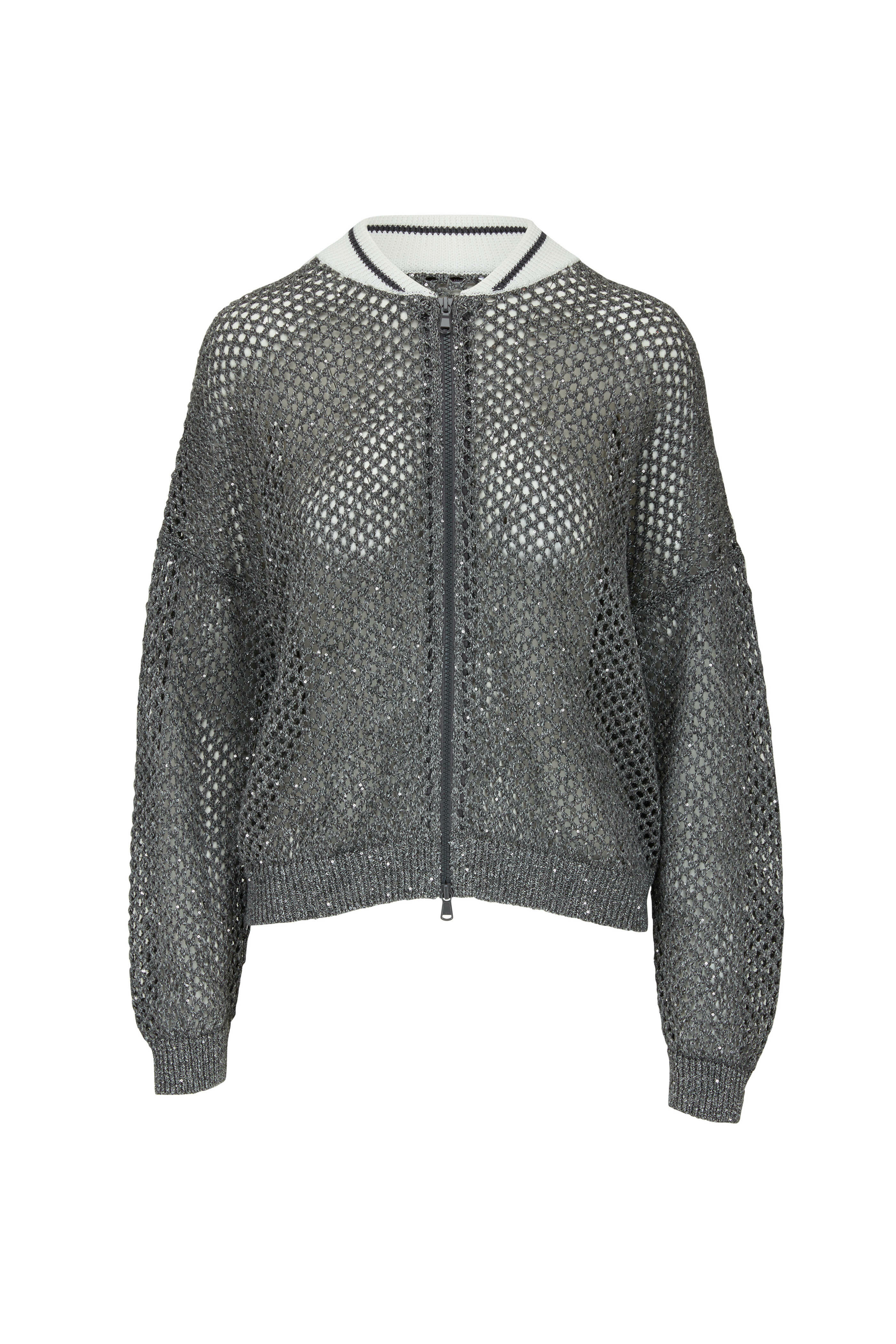 Brunello Cucinelli - Charcoal Gray Metallic Fishnet Bomber Brunello Cucinelli - Charcoal Gray Metallic Fishnet Bomber