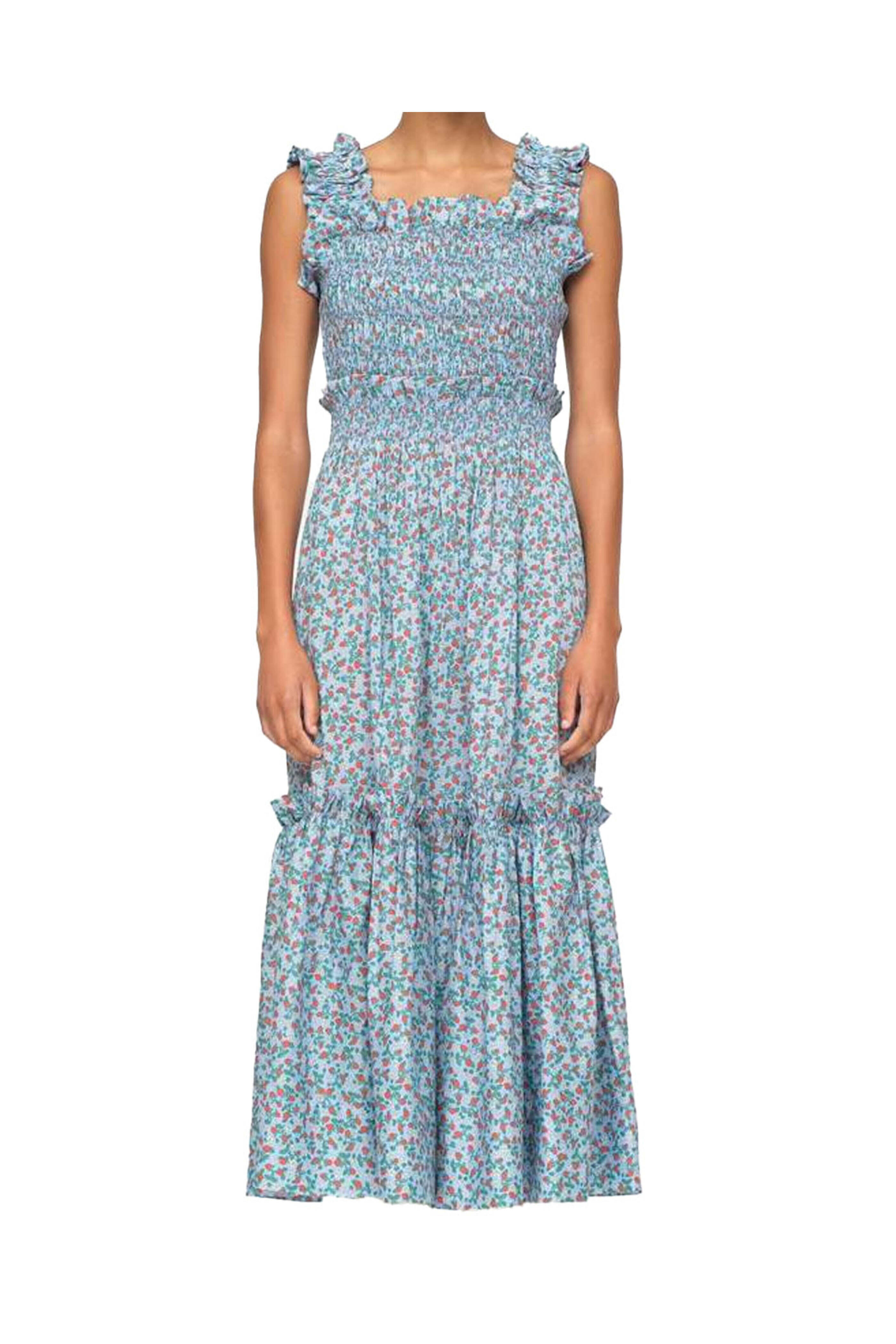 Sea NYC - Blue Lilly Print Puff Sleeve Smocked Slip Dress - view 1
