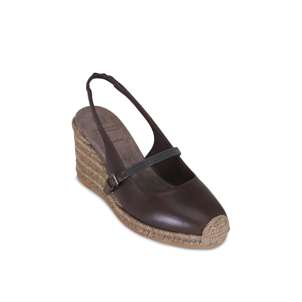 Brunello Cucinelli - Coffee Leather Espadrille Wedge Brunello Cucinelli - Coffee Leather Espadrille Wedge
