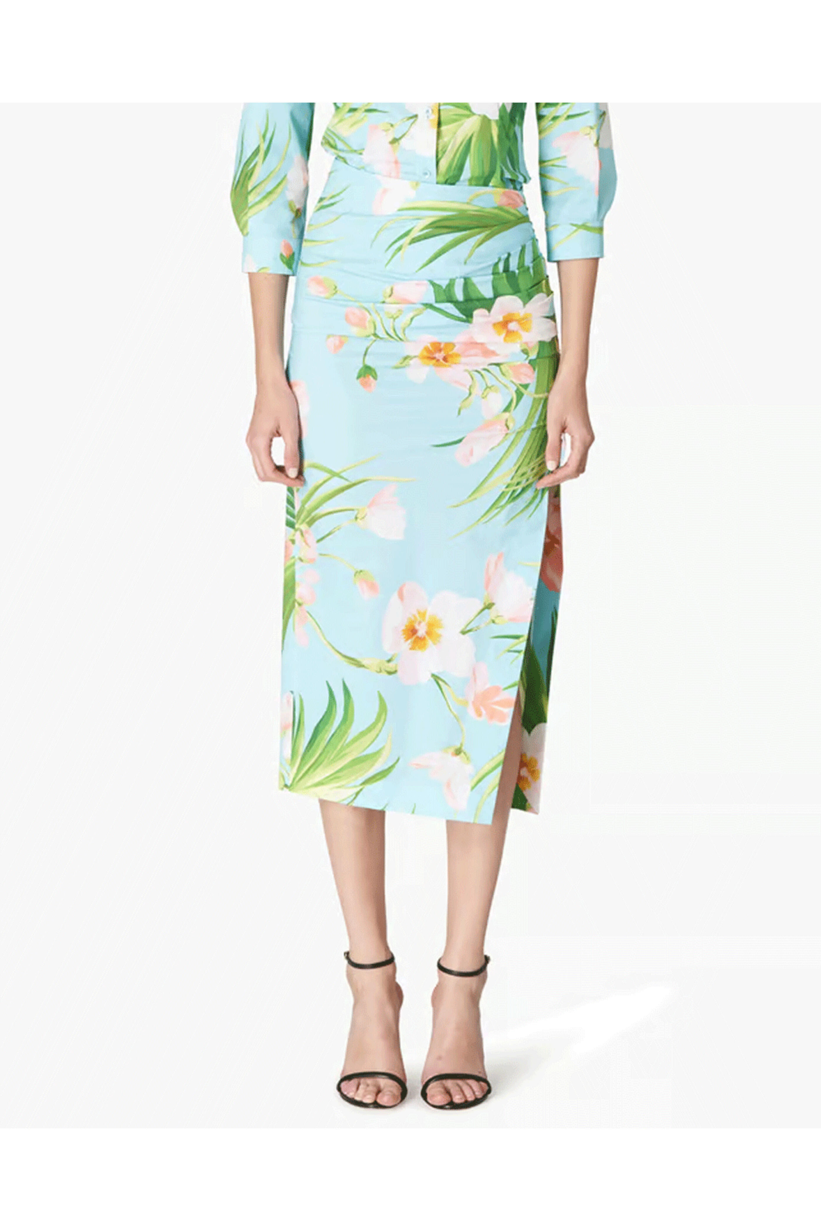 Carolina Herrera - Aquamarine Tropical Print Ruched Pencil Skirt