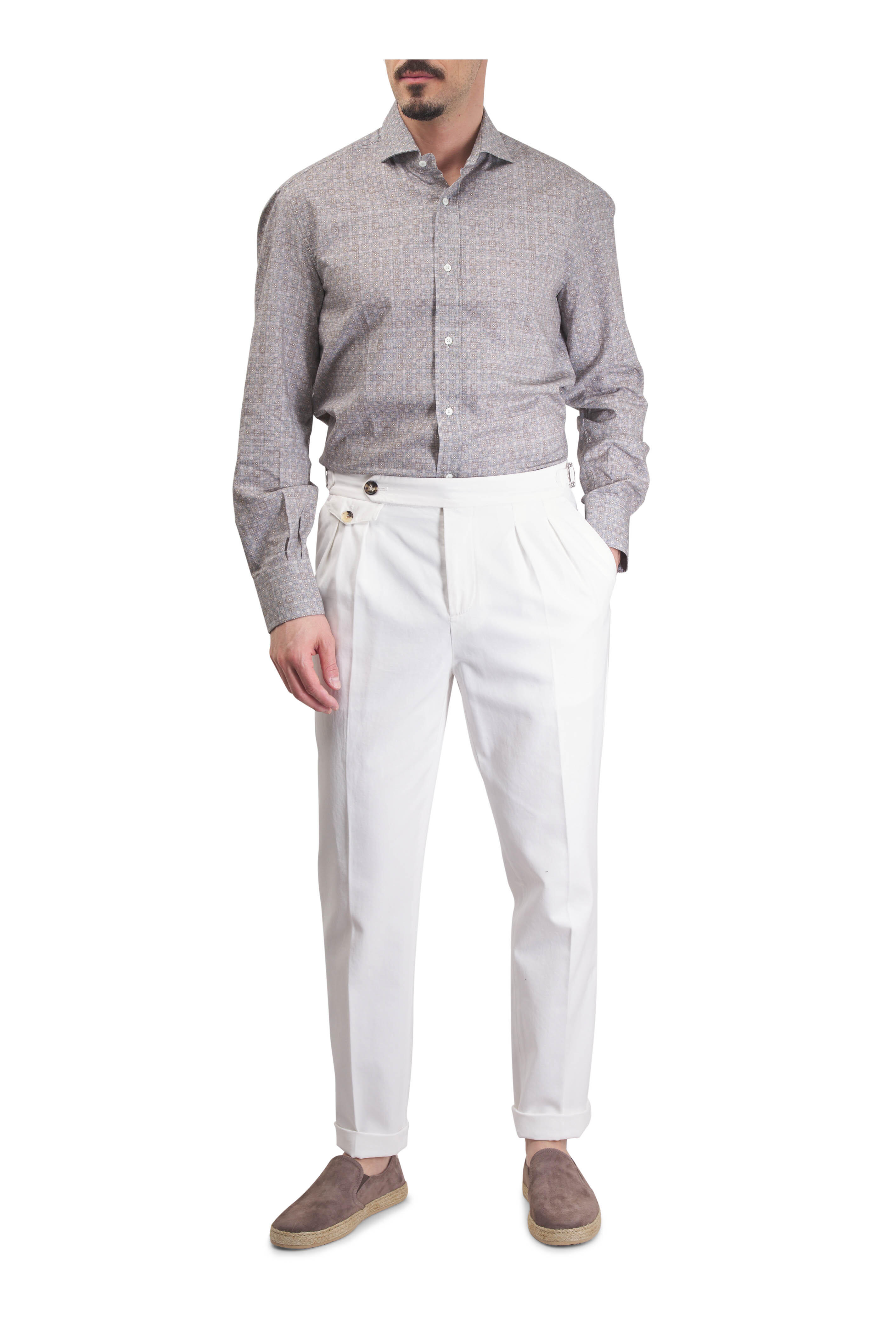 Brunello Cucinelli - Gray & Brown Floral Print Cotton Sport Shirt