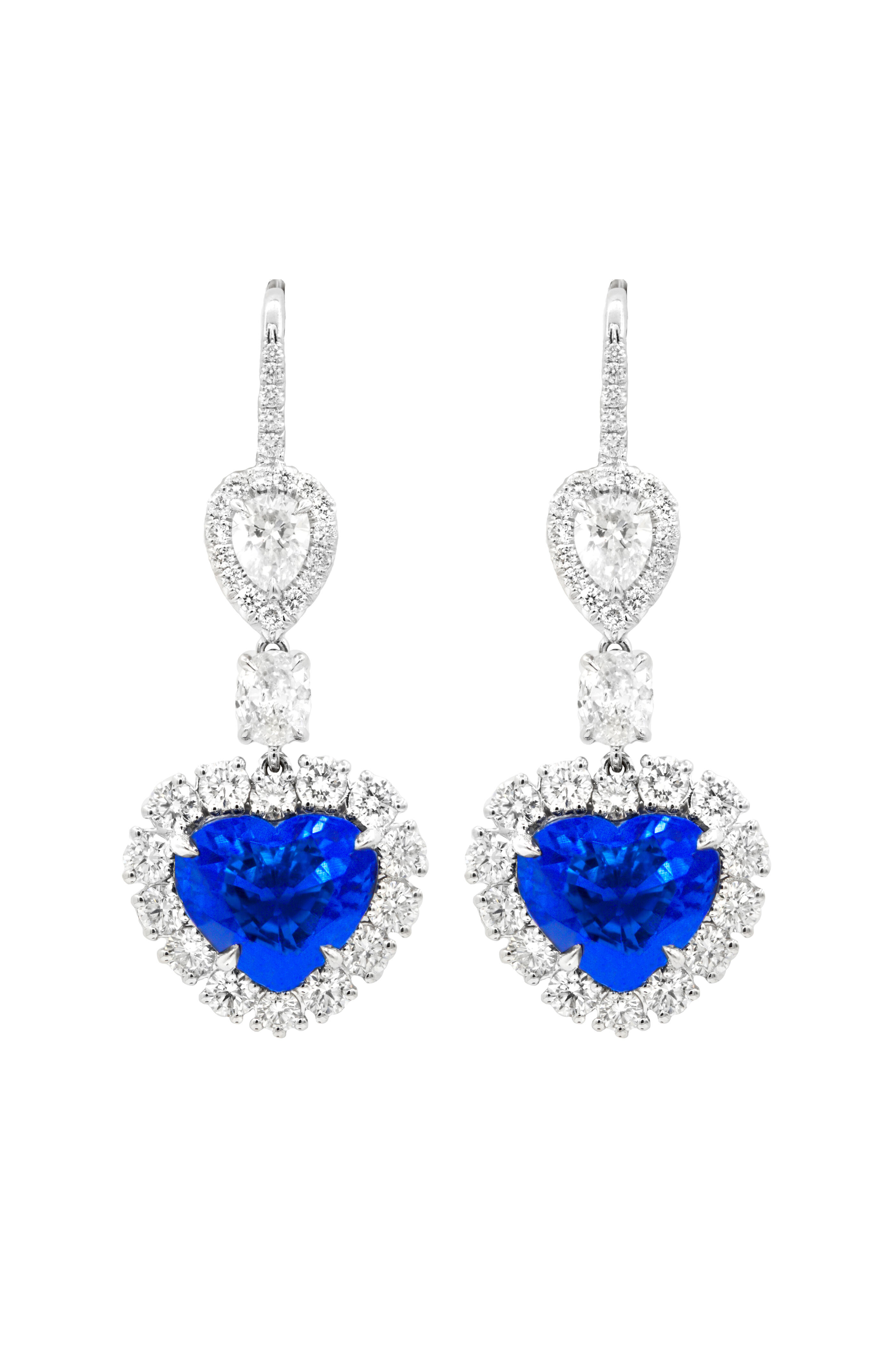 Diana M Jewels - 18k White Gold Halo Heart Shape Sapphire Earring - view 1