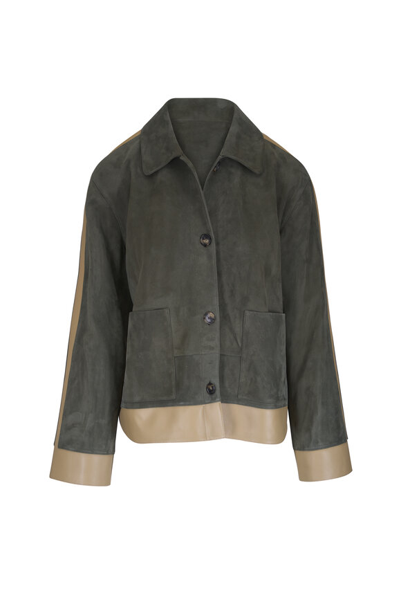 Loewe Turn-Up Khaki Green Colorblock Suede Jacket - view 1