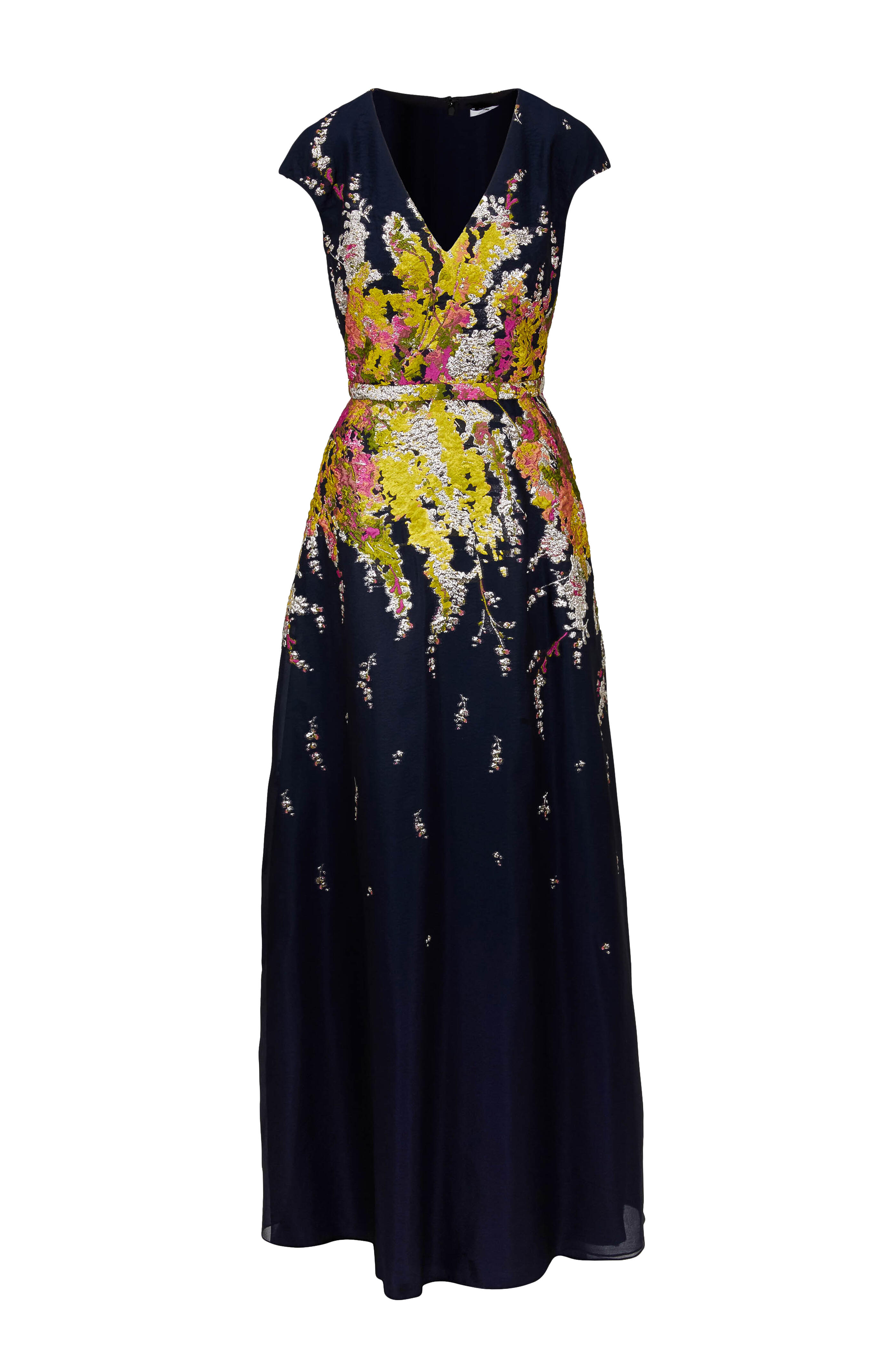 Pamella Roland - Navy Blue Floral Embroidered Cap Sleeve Gown