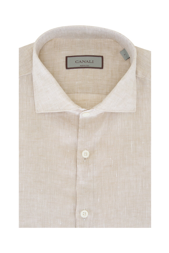 Canali Tan Solid Quadratic Jacquard Linen Sport Shirt