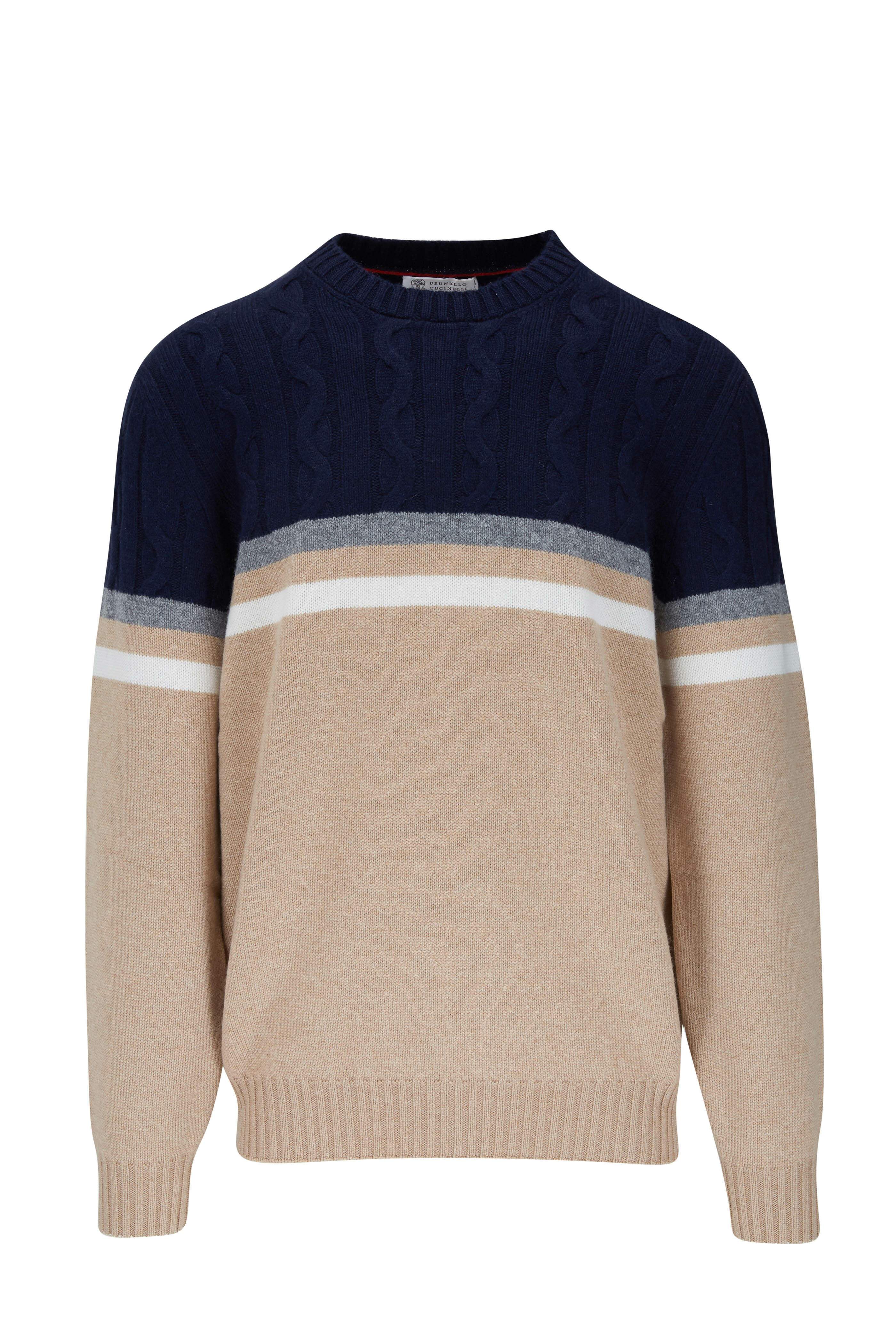 Brunello Cucinelli - Camel & Navy Stripe Crewneck Pullover