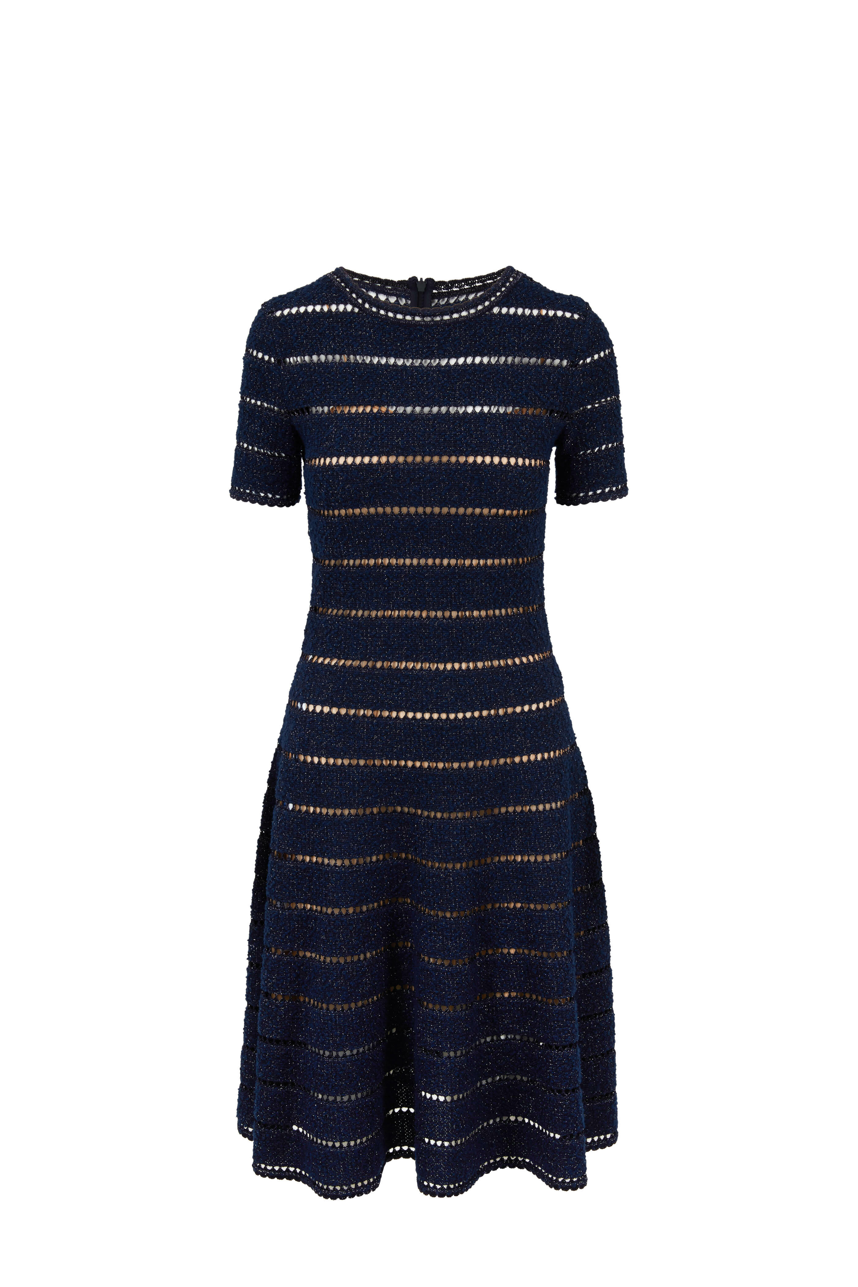 Oscar de la Renta - Navy Blue Lurex Knit Short Sleeve Dress