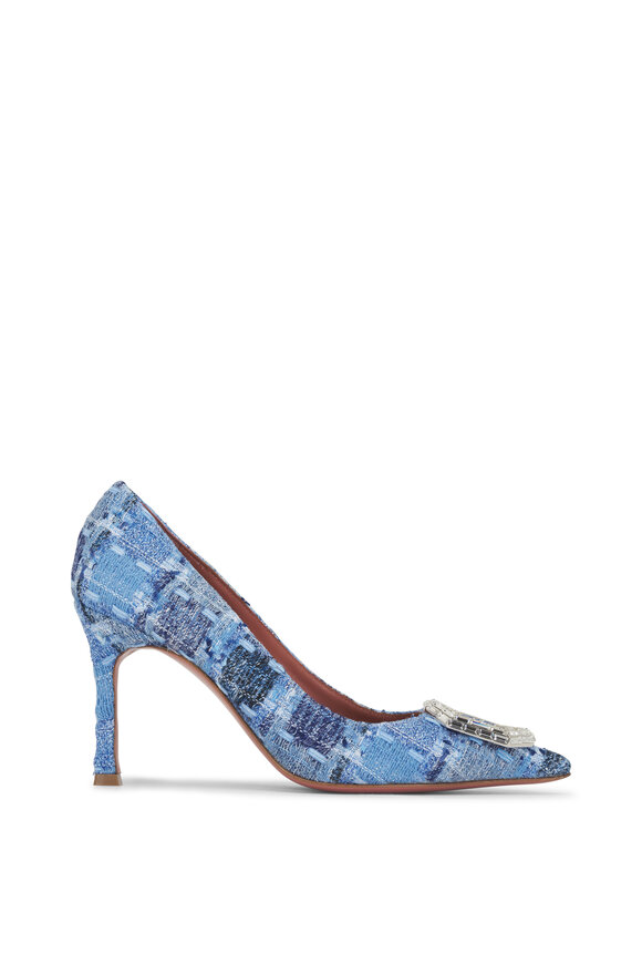 Amina Muaddi - Camelia Tweed Blue Denim Pump, 90mm