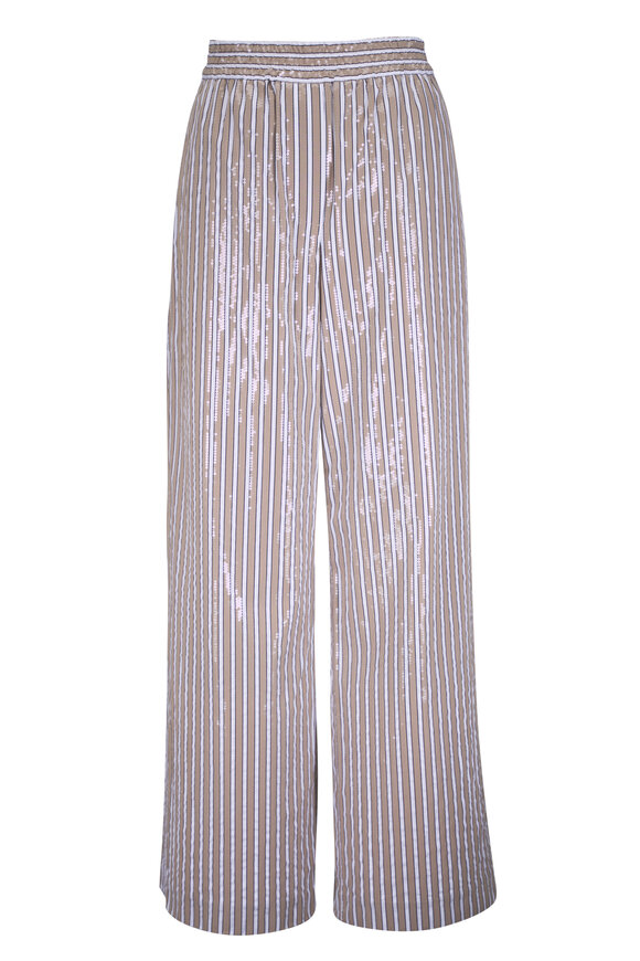 Brunello Cucinelli Beige & White Stripe Paillette Pant
