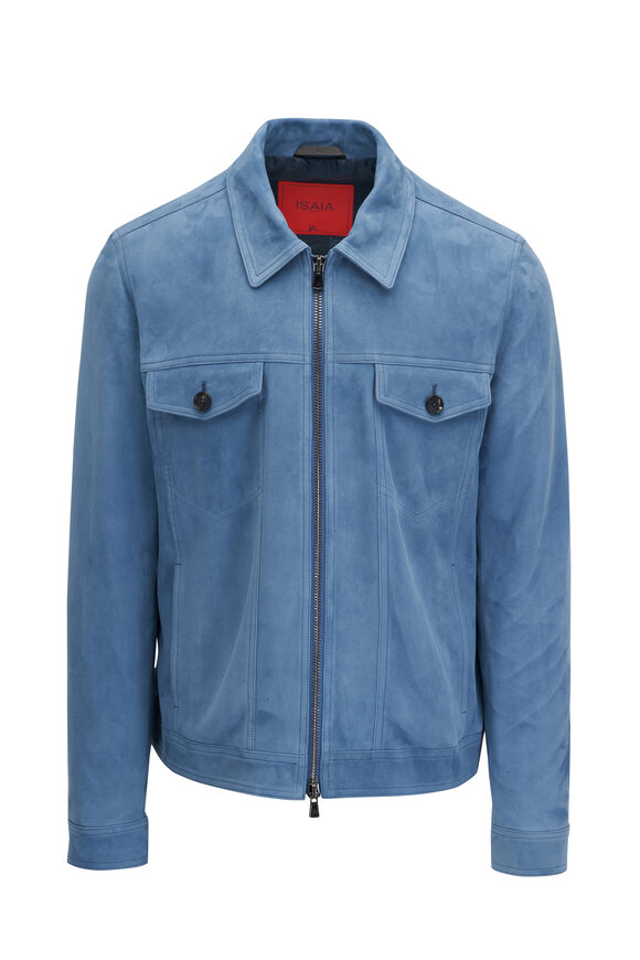 Isaia Aqua Blue Suede Zip Jacket