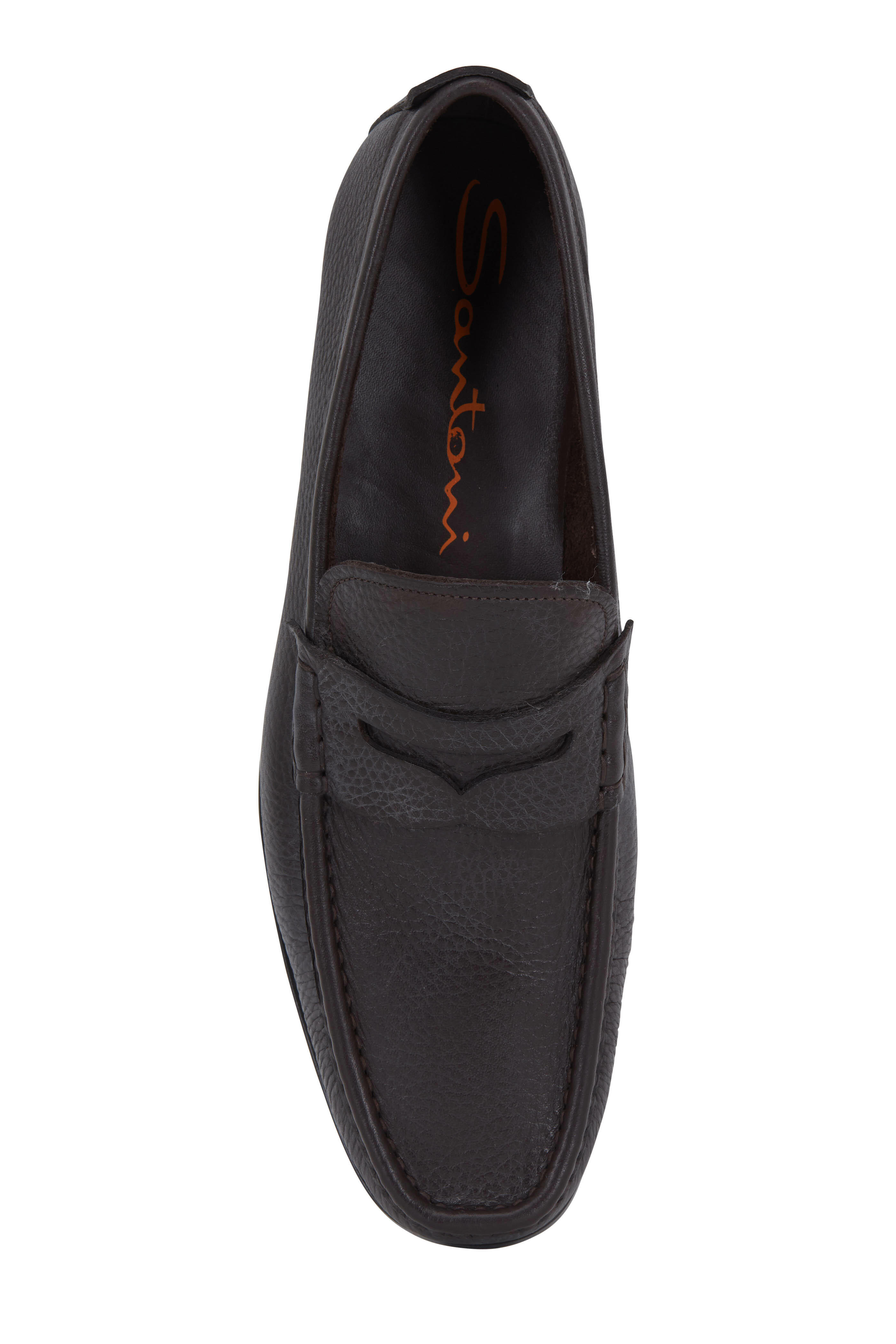 Santoni - Holt Dark Brown Grained Leather Penny Loafer