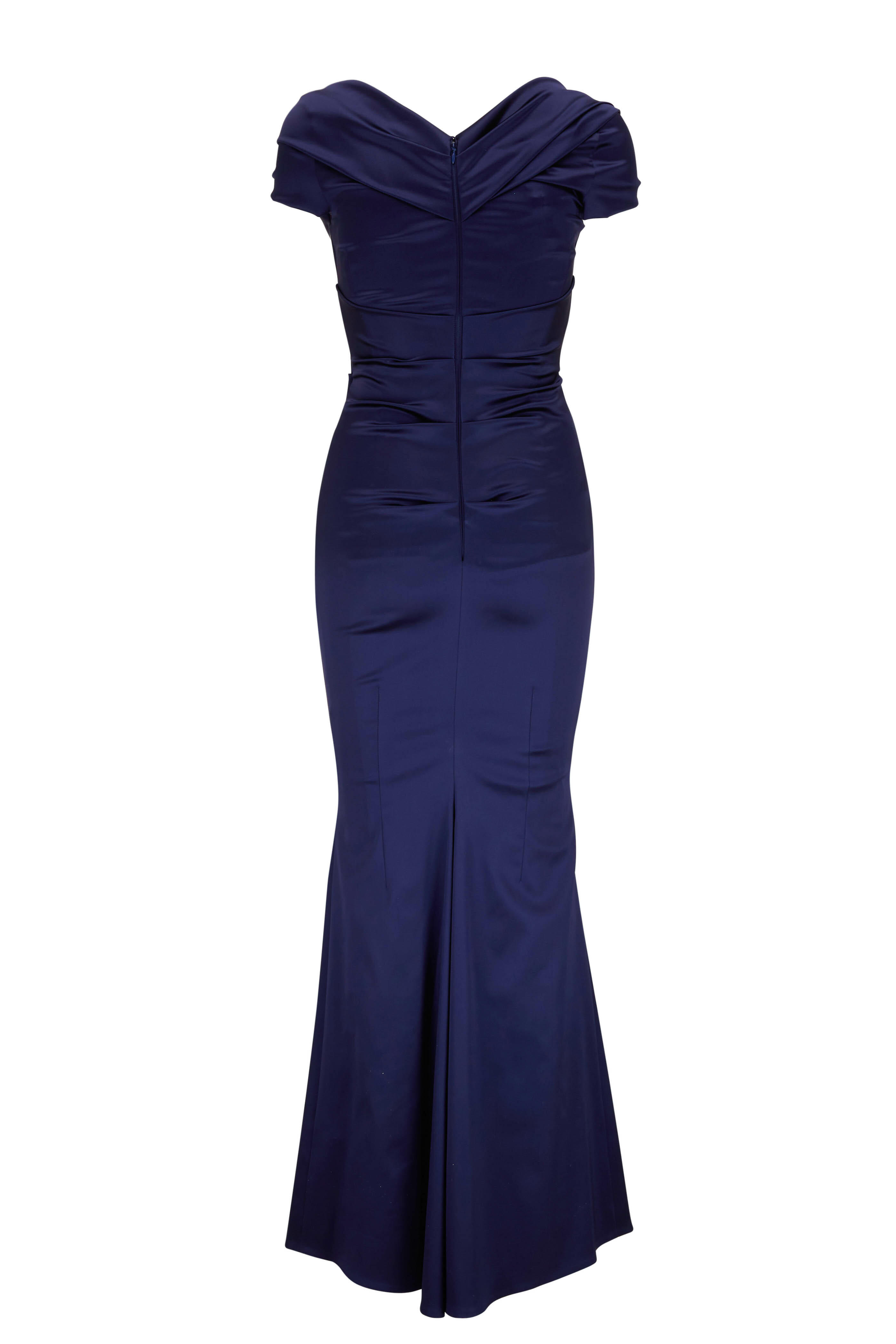 Talbot Runhof - Donavan4 Navy Blue Stretch Satin Duchesse Gown