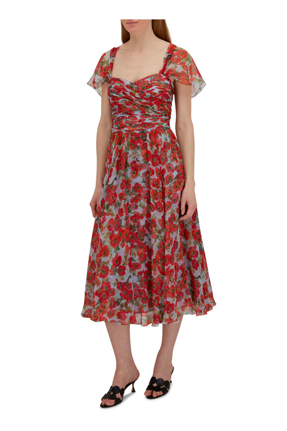 Carolina Herrera - Sky Blue & Red Floral Gathered Bustier Midi Dress