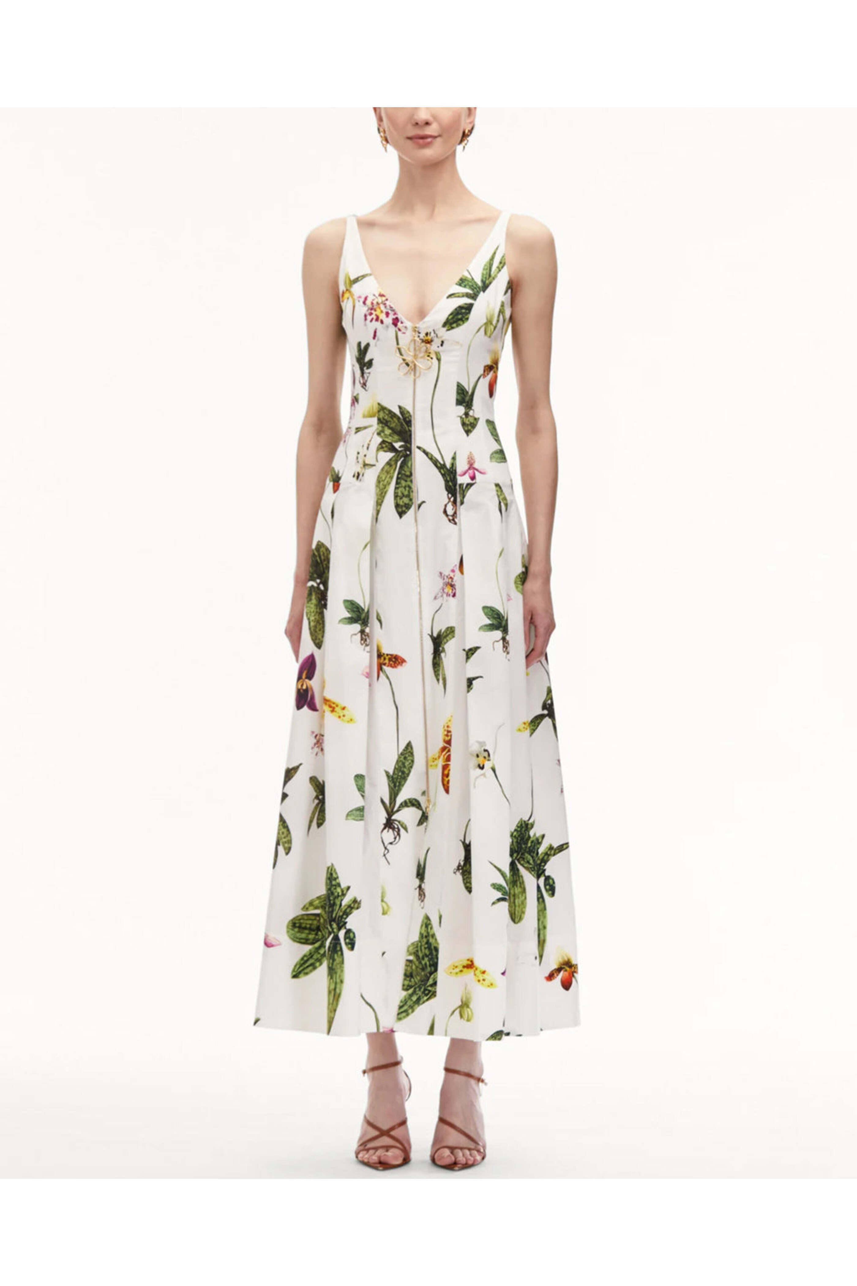 Oscar de la Renta - White Orchid Print Zip Front Midi Dress