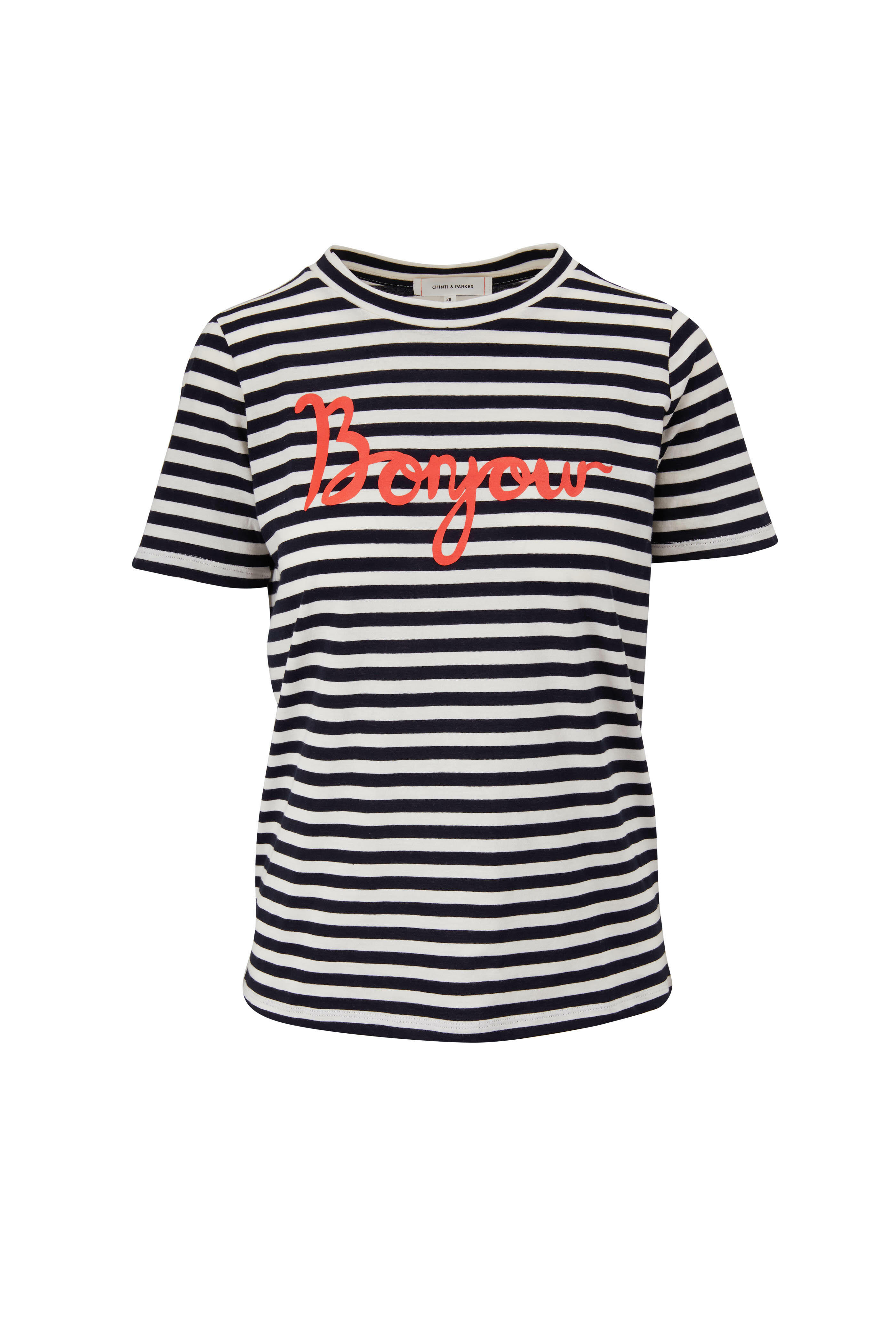 Navy Cream Stripe Bonjour Graphic T Shirt