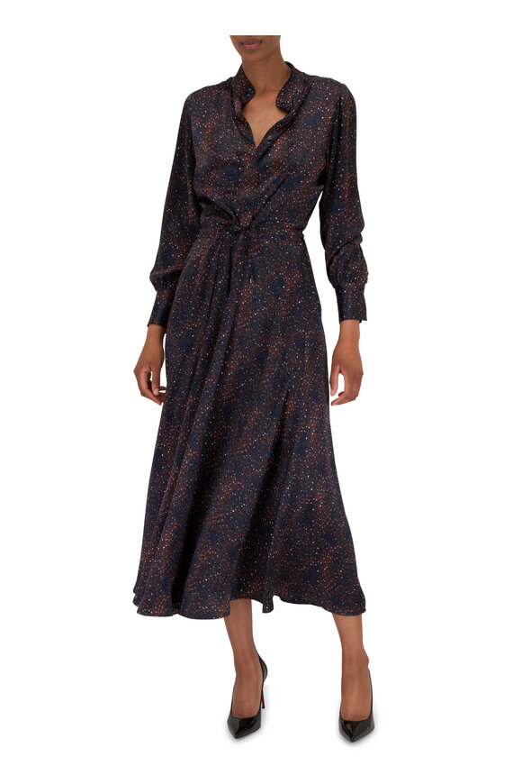 Kiton - Navy & Brown Galaxy Print Silk Drawstring Dress