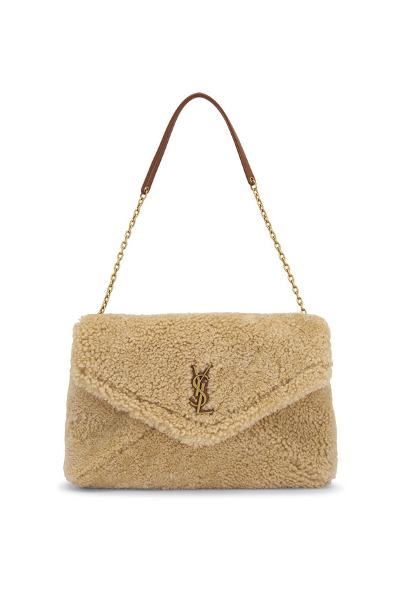 Saint Laurent Large Cassandre Naturel & Brick Shearling Pouch