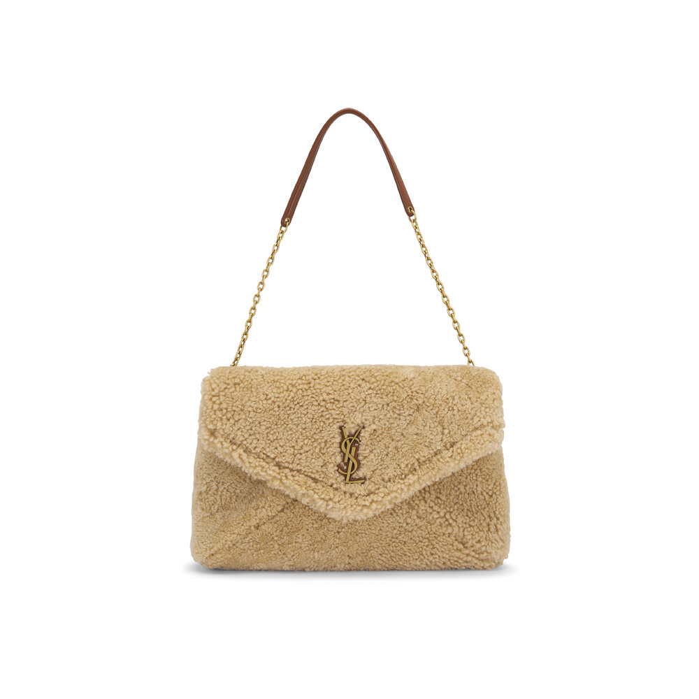 Saint Laurent - Large Cassandre Naturel & Brick Shearling Pouch